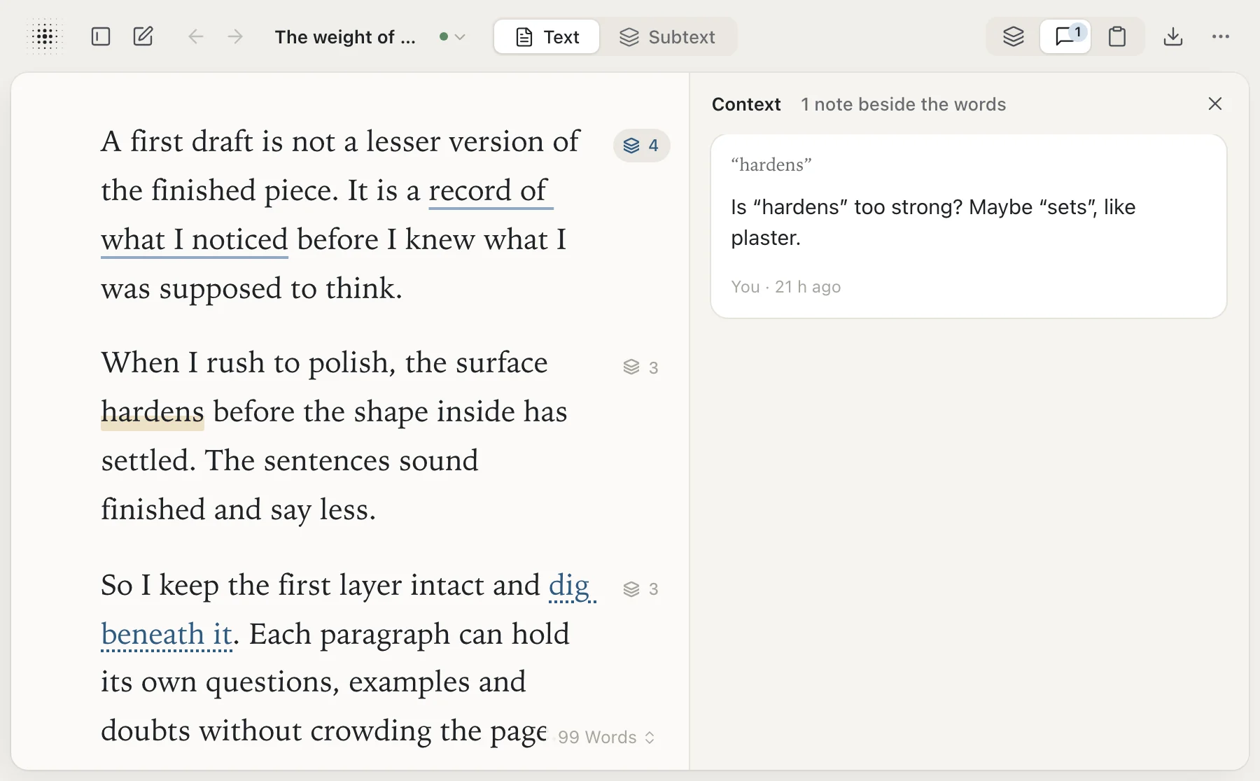 The sample essay with the Context panel open beside it: one note beside the word “hardens”: “Is ‘hardens’ too strong? Maybe ‘sets’, like plaster.”