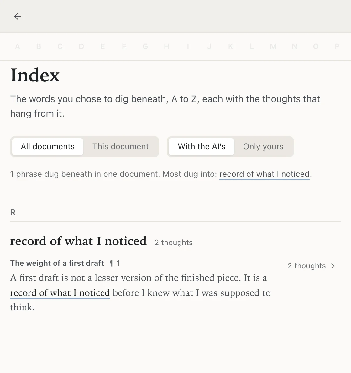 The Index: under R, “record of what I noticed”, with its two thoughts and the paragraph it comes from.