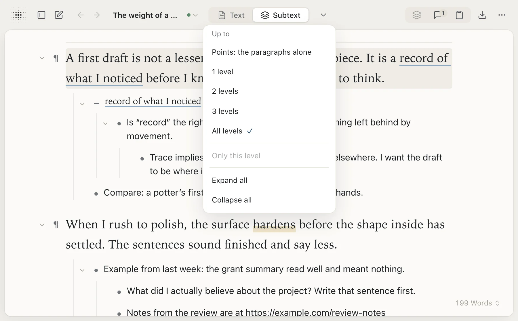 The sample essay in Subtext view: each paragraph with its thoughts beneath it, one under another. The words a thought hangs from, “record of what I noticed”, are underlined. On a wide screen the depth menu is open: the paragraphs alone, one to three levels, or all levels.