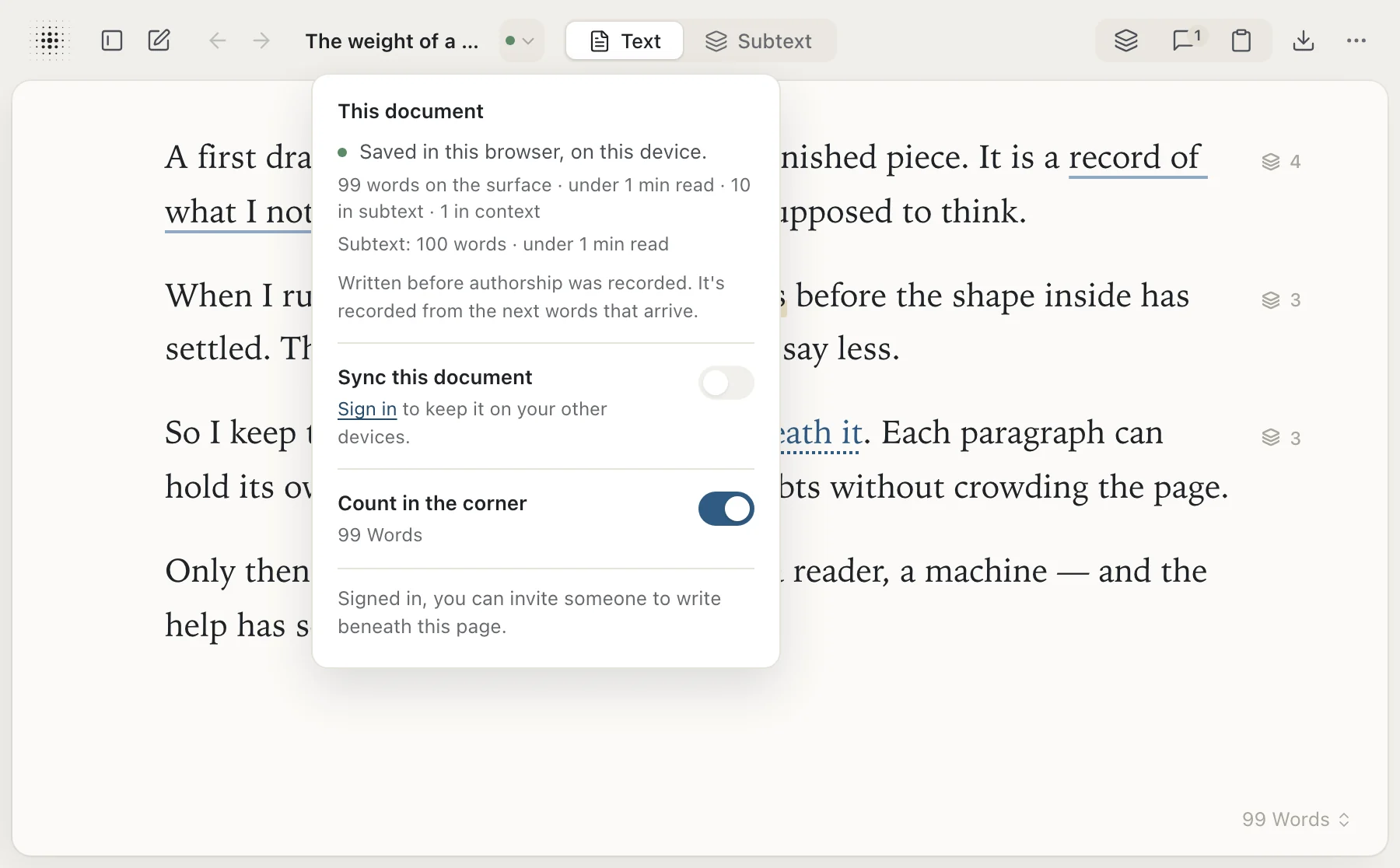 The This document panel for the sample essay: saved in this browser, on this device; Sync this document, with Sign in to keep it on your other devices.