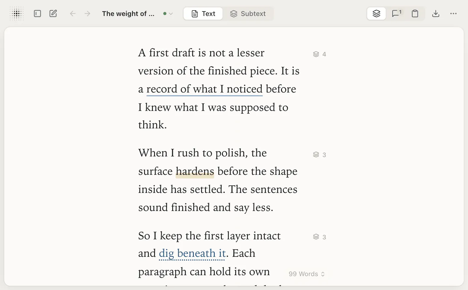 The Subtextual page in Text view: the essay’s paragraphs, with a small count beside each one for the thinking beneath it. Nothing is open beside the page.