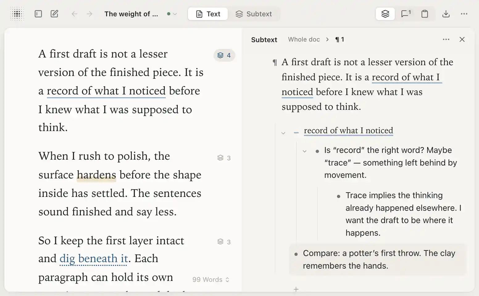 The first paragraph’s thinking open beside the page: the paragraph, the phrase “record of what I noticed”, the thought “Is ‘record’ the right word? Maybe ‘trace’ — something left behind by movement.” with a reply beneath it, and the thought “Compare: a potter’s first throw. The clay remembers the hands.”