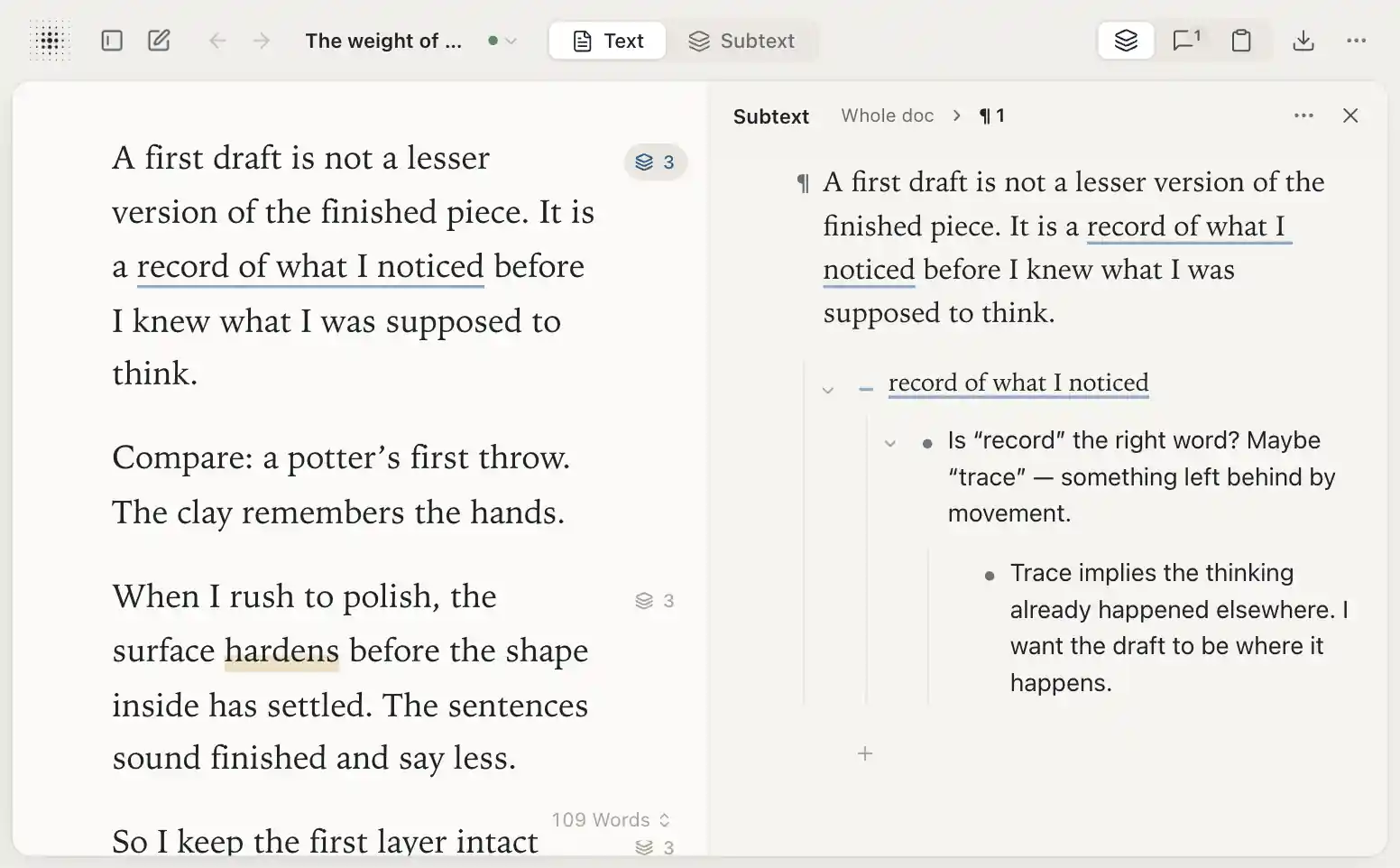The page with a new second paragraph, “Compare: a potter’s first throw. The clay remembers the hands.”, brought up from the first paragraph’s thinking, which stays open beside it.