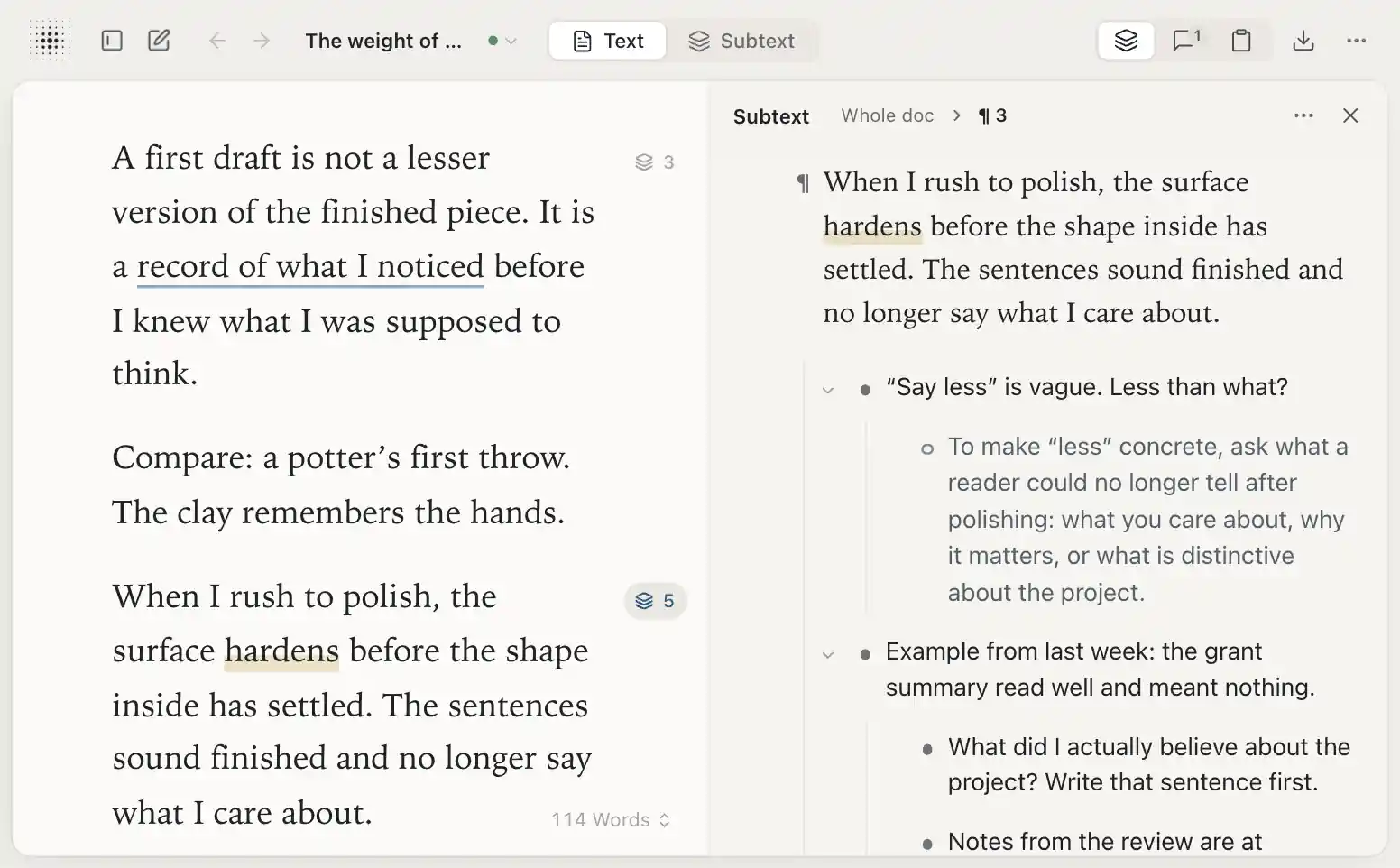 The third paragraph, rewritten by the writer to end “The sentences sound finished and no longer say what I care about.” Beside the page, its thinking: the writer’s doubt “‘Say less’ is vague. Less than what?” and the AI’s answer beneath it on a hollow bullet: “To make “less” concrete, ask what a reader could no longer tell after polishing: what you care about, why it matters, or what is distinctive about the project.”